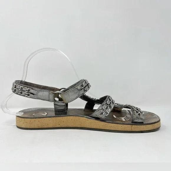 SOLD// Chanel Silver Metallic Chain Dad Sandals CC Logo Leather 40C 40 9 9.5 - Picture 3 of 14